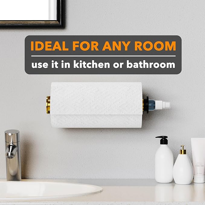 SpaceAid SprayNeat Paper Towel Holder with Spray Bottle, Under Cabinet Paper Towels Holders with Sprayer Inside Center, Hanging Wall Mount Papertowels Roller for Kitchen and Bathroom (Gold)