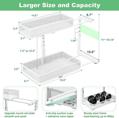 Under Sink Organizer 2 Pack, High Adjustable 2 Tier Under Sink Organizers and Storage, Slide out Metal Cabinet Organizers, Pull out Storage Drawer Shelf for Kitchen Bathroom Cabinet