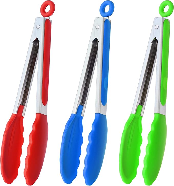 HINMAY 9" Silicone Kitchen Tongs with Silicon tips, Set of 3 (Red Blue Green) by HINMAY