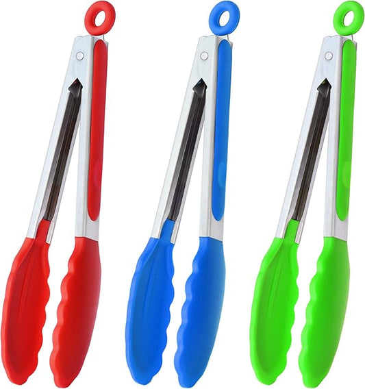 HINMAY 9" Silicone Kitchen Tongs with Silicon tips, Set of 3 (Red Blue Green) by HINMAY