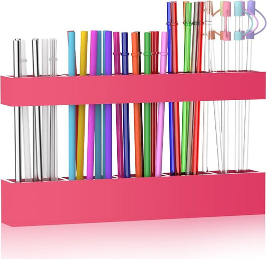 9.5” Large Acrylic Straw Holder for Cabinet Door, Reusable Adjustable Two-Part Straws Organizer with Ultra Sticky Adhesive Strips, 2026 Straw Storage for Kitchen Cupboard (Hot Pink)