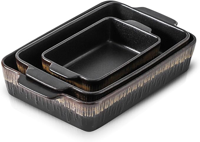 KOOV Bakeware Set, Ceramic Baking Dish, Rectangular Baking Pans Set, Casserole Dish for Cooking, Cake Dinner, Kitchen 9 x 13 Inches, 3-Piece, Stripe Series (Rough Black) by KOOV