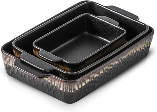 KOOV Bakeware Set, Ceramic Baking Dish, Rectangular Baking Pans Set, Casserole Dish for Cooking, Cake Dinner, Kitchen 9 x 13 Inches, 3-Piece, Stripe Series (Rough Black) by KOOV