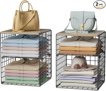 4-Tier Stackable Closet Organizers and Storage, Adjustable Dividers & Wood Top Storage Shelves for Clothes, Wardrobe & Closet Storage Basket Bins/Cube, Space-Saving Closet Organizer System, Black