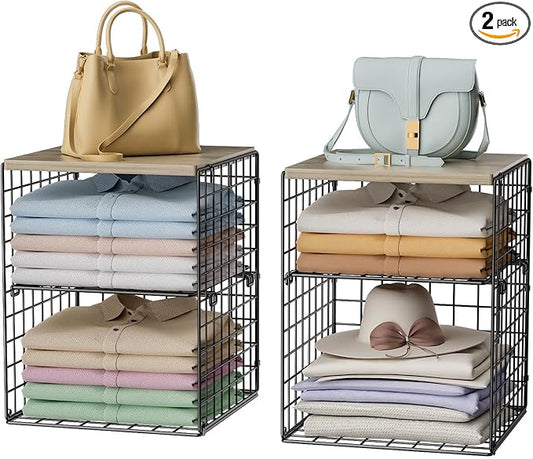 4-Tier Stackable Closet Organizers and Storage, Adjustable Dividers & Wood Top Storage Shelves for Clothes, Wardrobe & Closet Storage Basket Bins/Cube, Space-Saving Closet Organizer System, Black