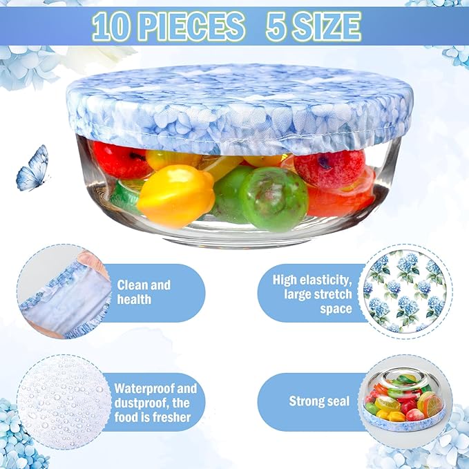 Patelai 10 Pcs Bowl Covers Reusable in 5 Size Stretch Cloth Fabric Elastic Food Storage Bowl Covers Bread Sourdough Lids for Proofing Food Fruits Leftover(Blue, White, Green,Hydrangea Style) - Image 5