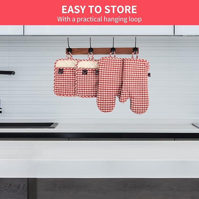 Oven Mitts and PotHolders Sets, 4 Pcs Kitchen Oven Glove High Heat Resistant 400°F Pot Holders for Kitchen, Non-Slip Neoprene Oven Mitts are Suitable for Cooking, Baking (Red Grid) - Image 7