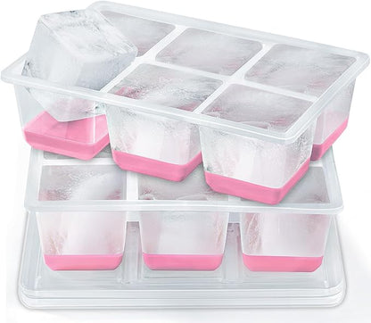 Ice Cube Trays 2 Pack, JRISBO Large Silicone Ice Cube Molds with Leak-Proof Lid, TPE Frame & Easy Release Bottom, Stackable Freezer Ice Trays for Whiskey, Cocktails, Soup, BPA Free (Pink)