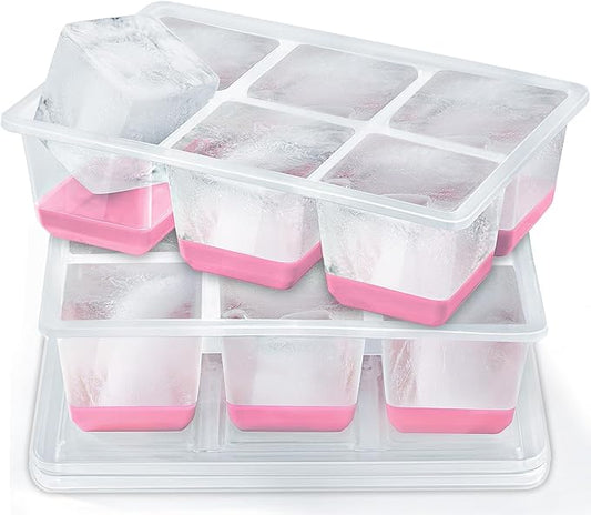 Ice Cube Trays 2 Pack, JRISBO Large Silicone Ice Cube Molds with Leak-Proof Lid, TPE Frame & Easy Release Bottom, Stackable Freezer Ice Trays for Whiskey, Cocktails, Soup, BPA Free (Pink)