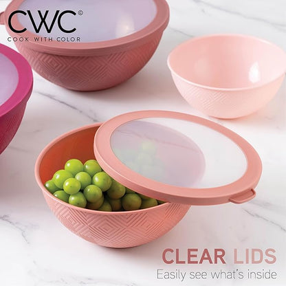 COOK WITH COLOR Mixing Bowls with Lids - 12 Piece Plastic Nesting Bowls Set includes 6 Prep Bowls and 6 Lids, Microwave Safe Mixing Bowl Set, Rose Rhombus - Image 7
