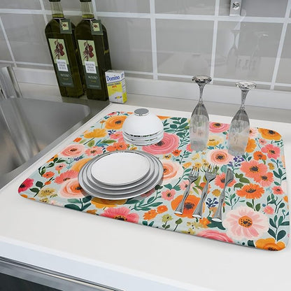 Watercolor Flower Dish Drying Mat - Pink Floral Drying Mat for Kitchen Counter 18 X 24 In - Image 6