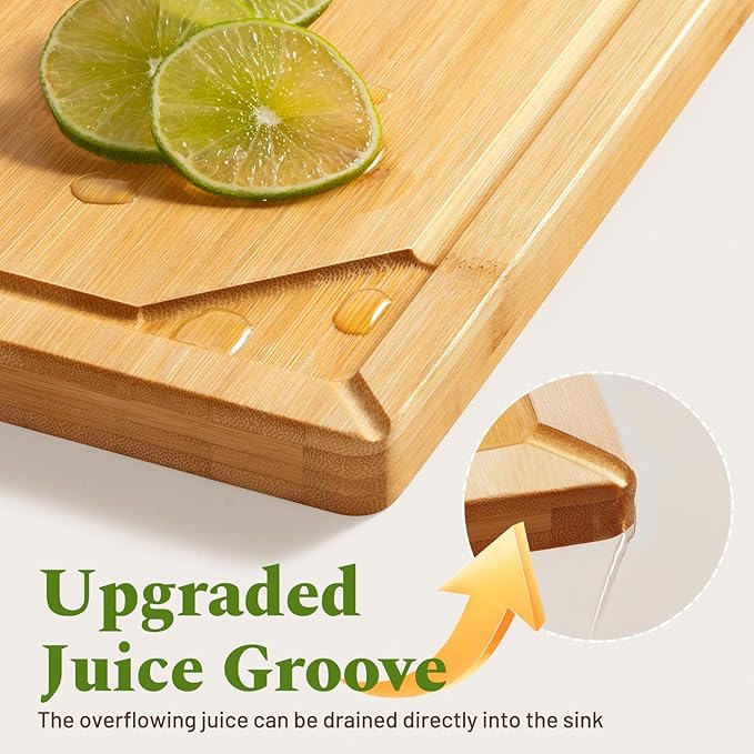 Kikcoin Over Sink Bamboo Cutting Boards for Kitchen - 3+1 Piece Self-Draining Healthy Wood Cutting Board Set with Built in Handle& Spout, Charcuterie& Meat Extra Large Butcher Chopping Boards, Natural - Image 8