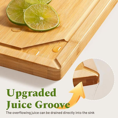 Kikcoin Over Sink Bamboo Cutting Boards for Kitchen - 3+1 Piece Self-Draining Healthy Wood Cutting Board Set with Built in Handle& Spout, Charcuterie& Meat Extra Large Butcher Chopping Boards, Natural - Image 8