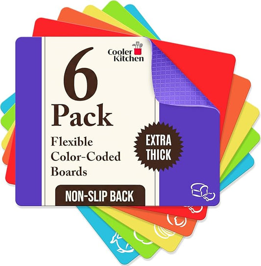 Extra Thick Flexible Cutting Board Mats Set of 6 for Kitchen, BPA Free Plastic Cutting Boards, Non-Slip Waffle Back, Dishwasher Safe, Color Coded with Food Icons, 15x12 Inch - Cooler Kitchen