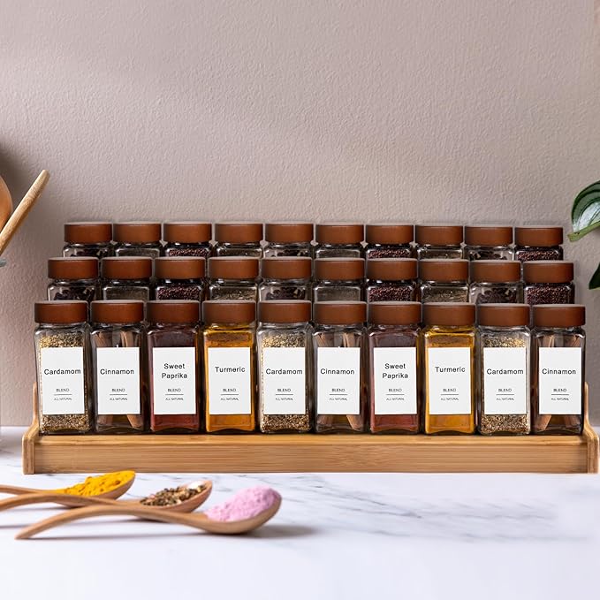 30 Pcs Spice Jars, 4oz Seasoning Containers with Acacia Wood Shaker Lids, Glass Spice Bottles with Labels, Square Seasoning Organizer, Kitchen Spice Container - Image 5