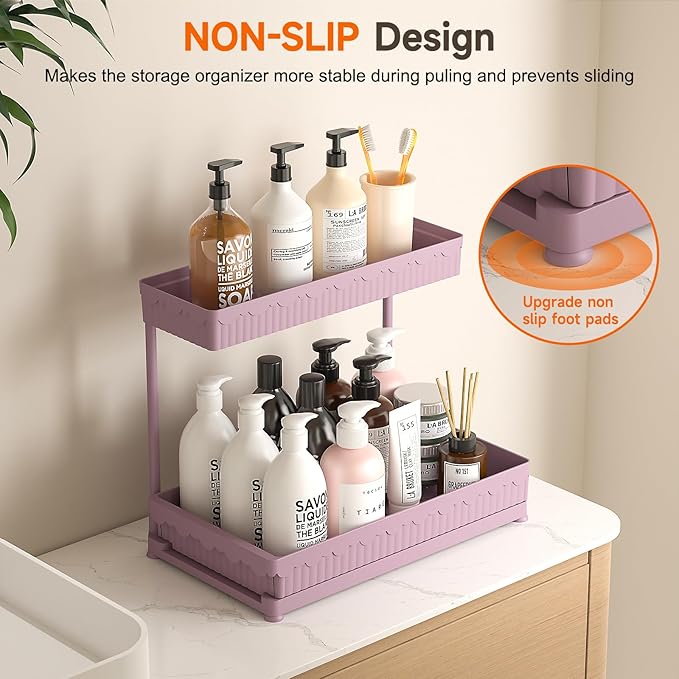 Sevenblue 3 Pack Multi-Purpose Under Sink Organizers and Storage, 2026 L-Shaped Pull Out Cabinet Organizer for Bathroom & Kitchen, Under Cabinet Organizer with Hooks Hanging Cup (Pink, 14.85 inch) - Image 4