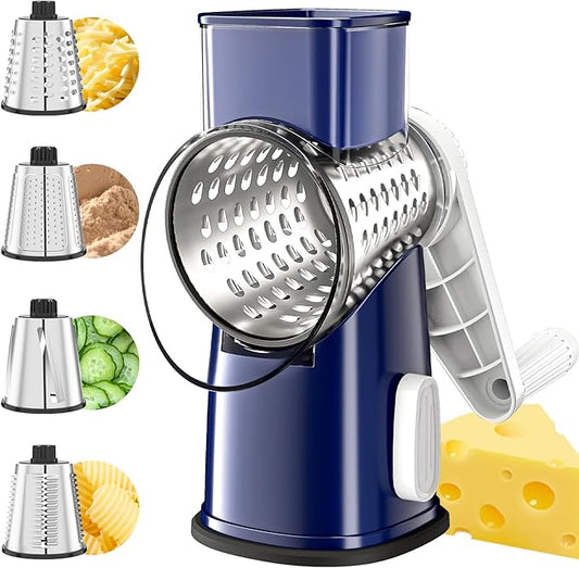 VEKAYA Rotary Cheese Grater Hand Crank with 4 Interchangeable Stainless Steel Blades, Large Manual Handle Shredder and Waffle Slicer for Vegetables, Cheese and Nuts with Table Suction Base(Blue)