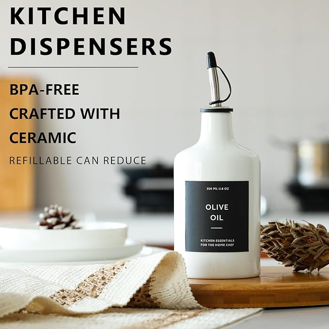 HOMCDALY Ceramic Olive Oil Dispenser Bottle, 16oz Oil Dispenser Bottle for Kitchen, Oil Container, Kitchen Oil Dispenser（White）