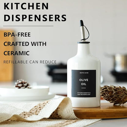 HOMCDALY Ceramic Olive Oil Dispenser Bottle, 16oz Oil Dispenser Bottle for Kitchen, Oil Container, Kitchen Oil Dispenser（White）