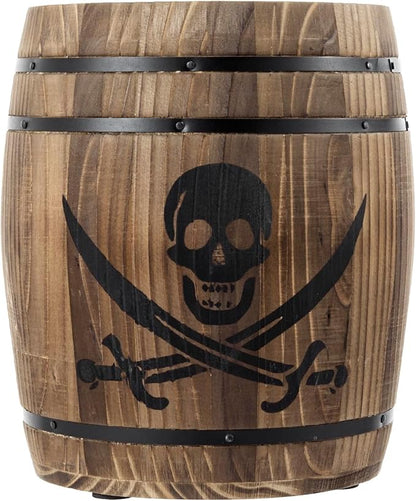 MyGift Rustic Burnt Wood Pirates Rum Cask Style Kitchen Utensil Crock, Vintage French Wine Barrel Cooking Tools Holder with Skull and Cutlass Sword Design - Image 5