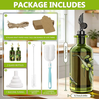 COOLMI Olive Oil Dispenser Bottle Set of 2-12oz Glass Oil & Vinegar Cruet for Kitchen - Leakproof Stainless Steel Pourers, Funnel & Labels - Extra Thick Decanter Container