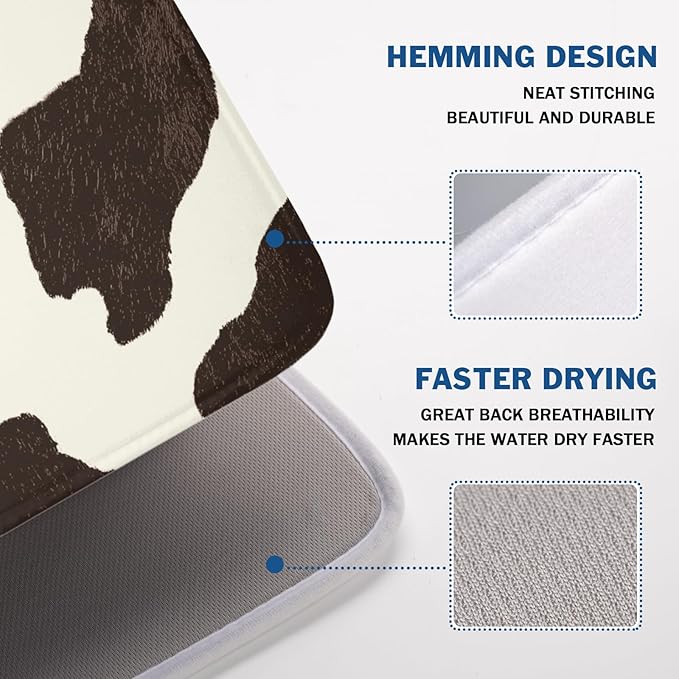 Milk Cow Drying Mat 24x18 Inch, Brown White Cowhide Drying Mat with Absorbent Reversible Microfiber, Cattle Fur Farmhouse Dish Drainer Mats Summer Rack Pad for Coffee Countertop Kitchen Protector