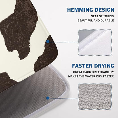Milk Cow Drying Mat 24x18 Inch, Brown White Cowhide Drying Mat with Absorbent Reversible Microfiber, Cattle Fur Farmhouse Dish Drainer Mats Summer Rack Pad for Coffee Countertop Kitchen Protector
