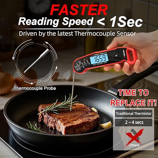 Atogou Meat Thermometer, Professional Food Thermometer, <1 Sec Instant Read, ±0.5℉ Accuracy, Thermocouple Sensor, Waterproof Digital Thermometer for Cooking, BBQ, Grill, Him Dad Birthday Gifts, Red - Image 3