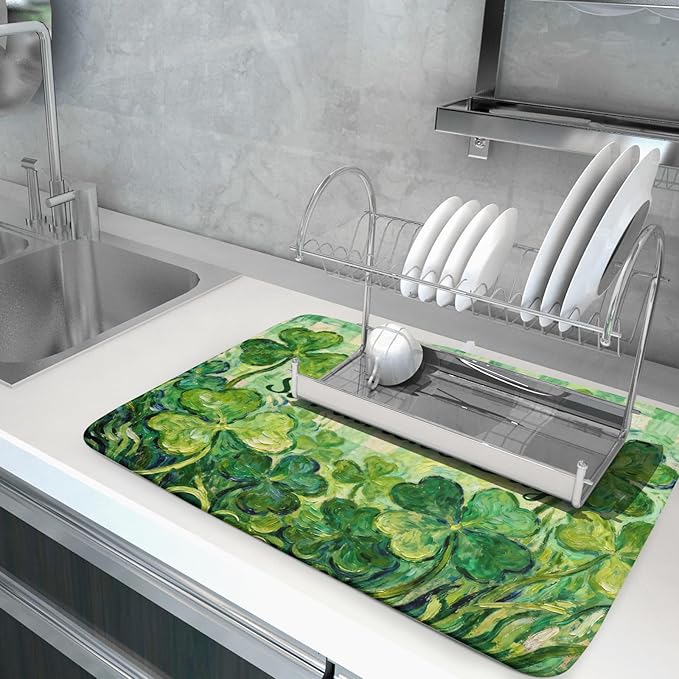 St Patrick's Day Shamrock Dish Drying Mat for Kitchen Counter 18x24 Green Lucky Clover Plaid Happy Holiday Absorbent Reversible Microfiber Drying Mats Kitchen Countertop Protector Dishes Drainer Pad - Image 5