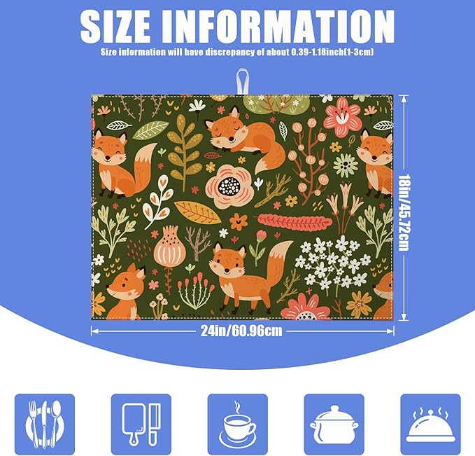 Cute Fox Dish Drying Mat for Kitchen Counter Animals Drying Pad Absorbent Reversible Dish Drainer Rack Mats Draining Pad 18"x24"Inch
