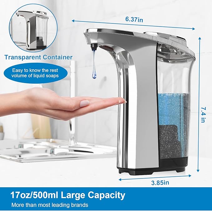 PZOTRUF Automatic Soap Dispenser, Touchless Dish Soap Dispenser 17oz/500ml with Infrared Sensor, 5 Adjustable Soap Dispensing Levels, Liquid Hand Dispenser for Bathroom Kitchen Sink (Silver) - Image 3