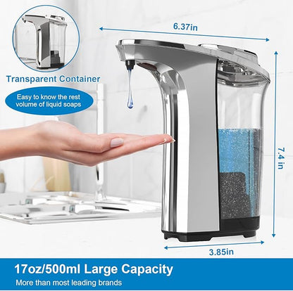 PZOTRUF Automatic Soap Dispenser, Touchless Dish Soap Dispenser 17oz/500ml with Infrared Sensor, 5 Adjustable Soap Dispensing Levels, Liquid Hand Dispenser for Bathroom Kitchen Sink (Silver) - Image 3