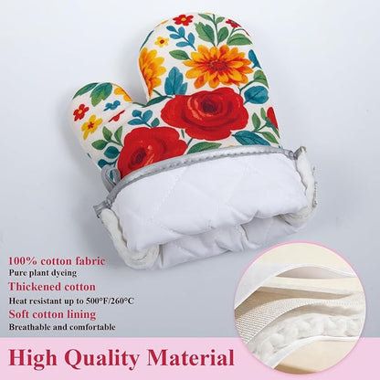 Floral Oven Mitts and Pot Holders Sets 2 Pcs, Canvas Heat Resistant Kitchen Mittens with Hot Pads, Vintage Farmhouse Country Decor, Non-Slip Cooking Baking Grilling Gifts for Women Mom (Flower1)