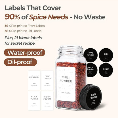 ComSaf 15Pcs 4oz Glass Spice Jars with Shaker Lids, 93 Labels, a Handy Funnel, a Pepper Grinder, Empty Spice Containers and Square Spice Bottles for Kitchen and Seasoning - Image 2