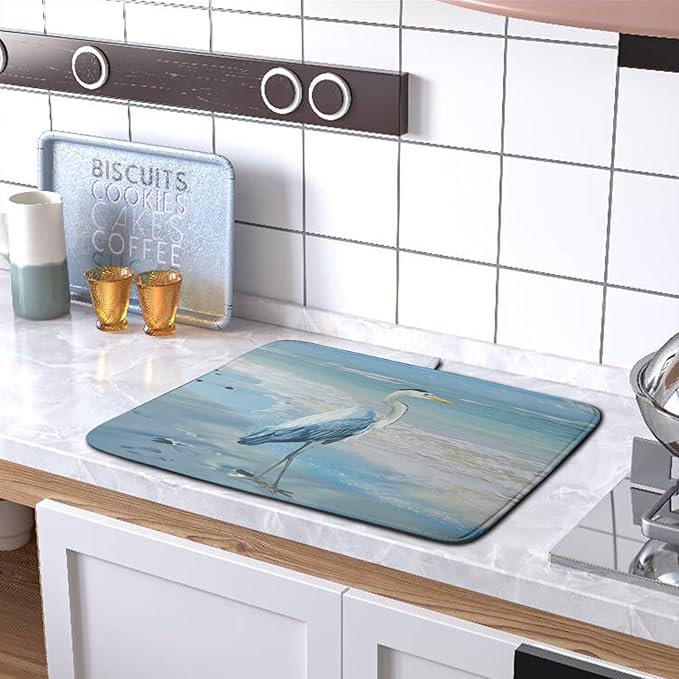 Summer Blue Dish Drying Mat for Kitchen Counter 16x18 Inch Heron Coastal Beach Drying Mats Nautical Ocean Bird Dishes Drainer Mats Microfiber Absorbent Dish Rack Pad - Image 5