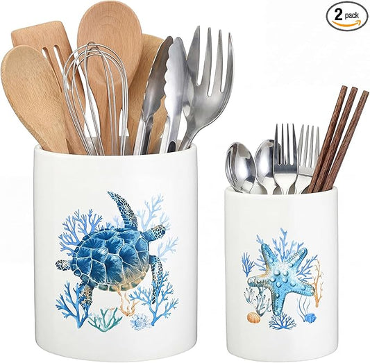 Bokon 2 Pack Ceramic Utensil Holder 6.3" + 5.1" Ocean Theme Coastal Kitchen Crocks for Countertop Storage, Sea Turtle & Starfish Design, Decorative Utensil Organizer for Beach House Decor
