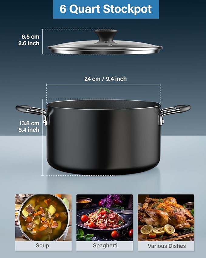 Cook N Home Nonstick Stockpot with Lid 6-QT, Professional Deep Cooking Pot Cookware Casserole with Glass Lid, Black - Image 2
