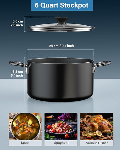 Cook N Home Nonstick Stockpot with Lid 6-QT, Professional Deep Cooking Pot Cookware Casserole with Glass Lid, Black - Image 2