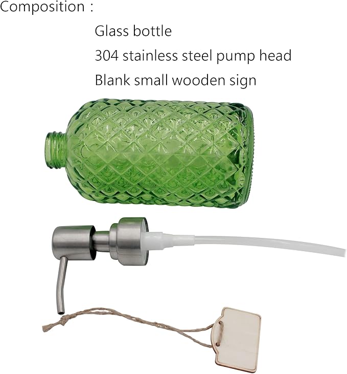 16 oz Diamond Pattern Glass Soap Dispenser, Kitchen and Bathroom Refillable Soap Dispenser with Rust Resistant Stainless Steel Pump for Hand Soap, Lotion Glass Liquid Dispenser(Green-2pack) - Image 4