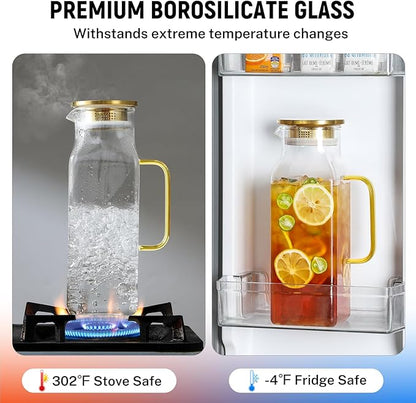 2 Pack 2 Liters/68 oz Square Glass Pitcher with Lid and Handle for Fridge, Iced Tea and Coffee Carafe Beverage Serveware, Heat Resistant Borosilicate Water Gold Jug for Hot/Cold Drinks and Milk - Image 4