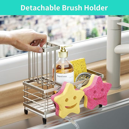 HapiRm Sink Caddy Sponge Holder - Self-draining Kitchen Sink Organizer with Smiley Face and Brush Holder, Stainless Steel Kitchen Sponge Caddy for Countertop - Brushed Nickel - Image 4