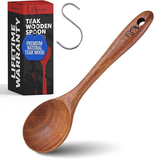 PriorityChef Handcrafted Teak Wooden Spoon for Cooking - Large Wood Spoon Kitchen Utensil - Heavy Duty Wood Serving Spoons - 10 Inch Wooden Mixing Utensil for Stirring, Baking & Cooking