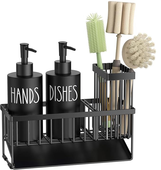 MASADI Kitchen Dish Soap Dispenser Set with Sponge Holder, 12OZ Glass Bottle, Hand and Dish Soap Dispenser Set, Non-Slip Silicone Pad, Brush Holder, Kitchen Sink Organizer Countertop (Black) - Image 8