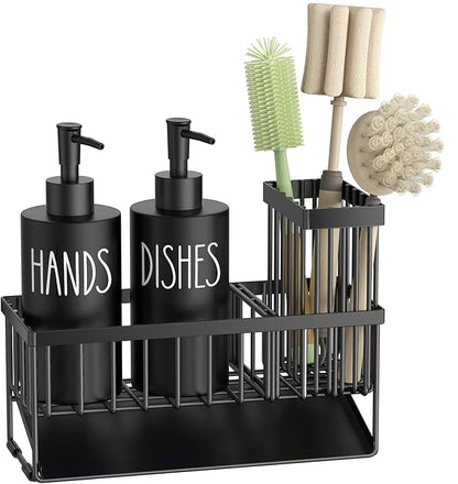 MASADI Kitchen Dish Soap Dispenser Set with Sponge Holder, 12OZ Glass Bottle, Hand and Dish Soap Dispenser Set, Non-Slip Silicone Pad, Brush Holder, Kitchen Sink Organizer Countertop (Black) - Image 8