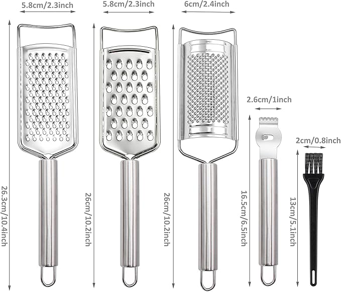 Tongjude Stainless Steel Cheese Grater Set, Set of 5 Kitchen Grater & Peeler & Slicer, Lemon Zester with Cleaning Brush for Vegetable, Fruit, Chocolate - Image 9