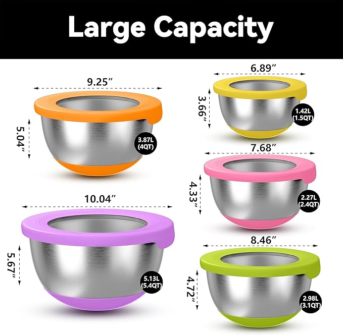 KITEISCAT Stainless Steel Mixing Bowls with Lids – Set of 5 Large Nesting Metal Bowls for Kitchen, Baking, Cooking, Food Prep & Storage, Non-Slip Base, Dishwasher Safe, Multicolor - Image 2