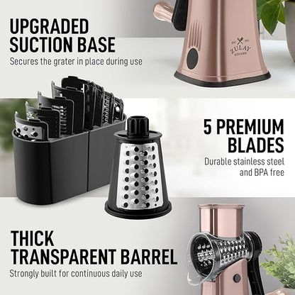 Zulay Kitchen Rotary Cheese Grater 5 Blade Cheese Shredder - Manual Hand Crank Cheese Grater With Reinforced Suction & 5 Interchangeable Drums - Easy to Use, Vegetable Chopper Round Mandoline Slicer - Image 7