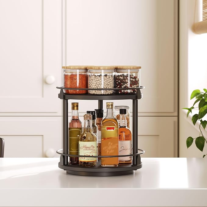 YATINEY Lazy Susan Organizer, Rotating Spice Rack, 2 Tier Spice Turntable Organizer, Industrial Turntable Spice Holder, for Kitchen Countertop and Cabinet, Compact and Versatile, Black SR22BK - Image 2