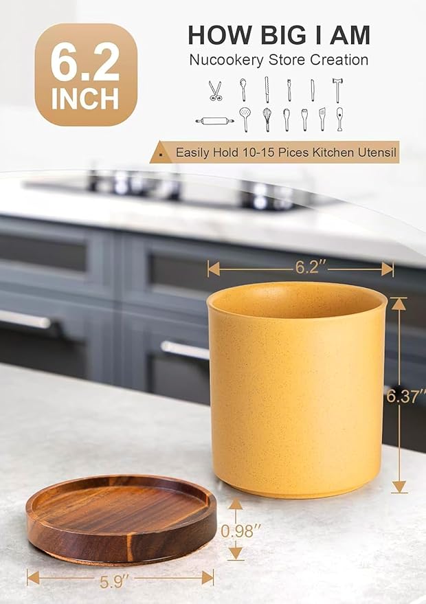 Nucookery 360°Rotating Utensil Holder, 7.2" Large Utensil Crock, White Ceramic Cooking Utensil Organizer,Farmhouse Kitchen Decor Christmas Thanksgiving Gift (Yellow Sand) - Image 2