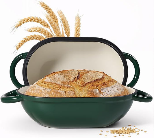 2 QT Oval Dutch Oven for Bread Baking, Enamelled Cast Iron Bread Oven for Sourdough, Sourdough Loaf Pan with Lid, Heavy-Duty Non Stick Bread Pan for Homemade Bread Baking, Green